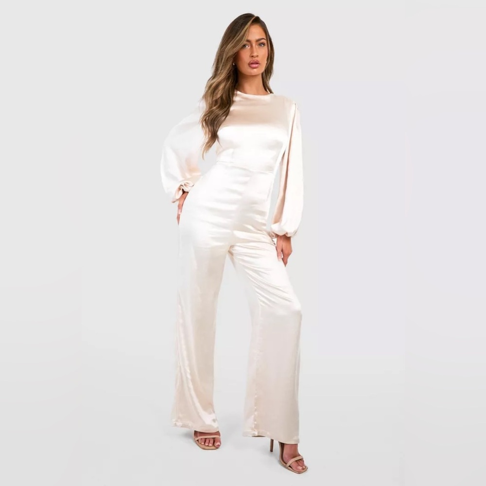 Boohoo Satin Blouson Sleeve Jumpsuit in small